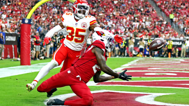 Sep 11, 2022; Glendale, Arizona, USA; Arizona Cardinals wide receiver Marquise Brown (2) catches a touchdown pass against Kansas City Chiefs cornerback Jaylen Watson (35) during the second half at State Farm Stadium. Mandatory Credit: Mark J. Rebilas-USA TODAY Sports  